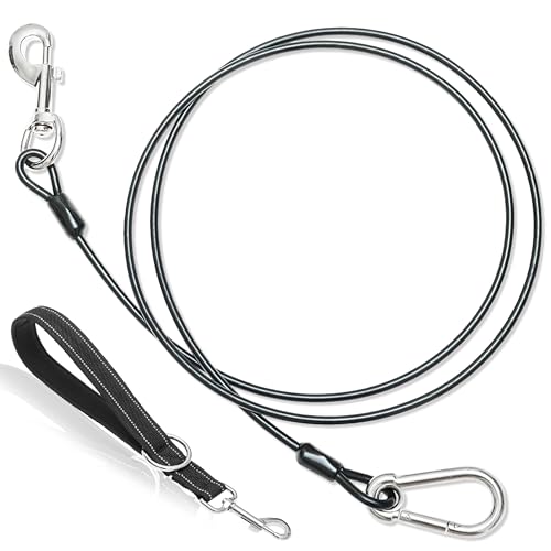 PAWNISAW Chew Proof Dog Leash, 5 FT Dog Tie Out Cable Lead with Handle - color: Black