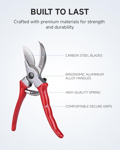 Fondwell 8.5" Professional Hand Pruners Bypass Pruning Shears for Gardening | Heavy Duty Garden Clippers, Cuts 1-Inch Branches, Comfortable Use - Trusted by Professional Landscapers and Nursery Workers - color: Red (Bypass)