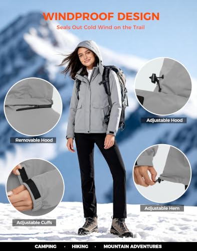 wantdo Women's Waterproof Ski Jacket Warm Fleece Lined Snow Winter Coat | 10000mm Waterproof Snowboard Jacket for Skiing, Hiking, Commute, Removable Hood, 6 Pocket, Windproof Warm -10°F to 50°F - color: Gray, size: Medium