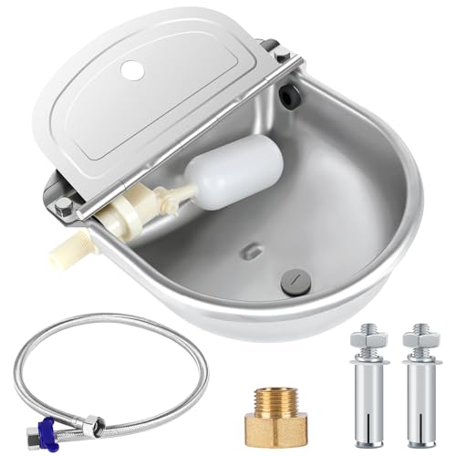 ToLanbbt Automatic Animal Dispenser Horse Water Bowl with Float Valve Stainless Steel Goat Waterer Feeder Outside Water Trough for Livestock Auto Fill Dog Watering Bowl with 1/2" Hose, Drainage Hole - size: 1 PCS