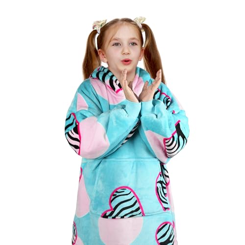 Solaris Zebra Heartfelt Kids Wearable Blanket Hoodie - Cozy Warm Sherpa Fleece Sweatshirt with Love-Themed Design, for Teens, Girls, Boys - color: Zebra Heart