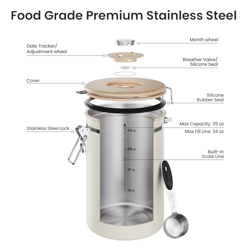 Veken Coffee Canister,39OZ, 2.2lbs,Large Airtight Stainless Steel Container - color: Cream, size: 39 oz