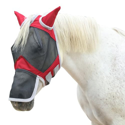 Horse Fly Mask with Ears & Long Nose, Fine Mesh Red Full - color: Red, size: Full