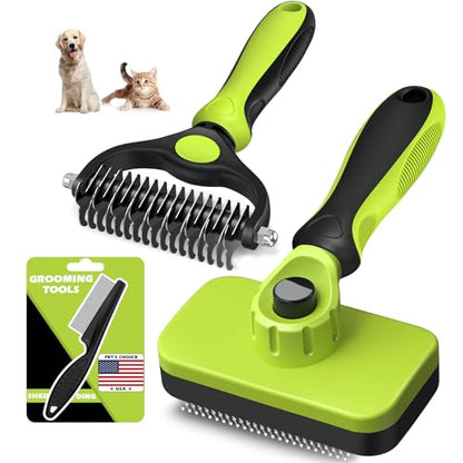 Professional 3PCS Self Cleaning Slicker Brush & Pet Grooming Rake & Flea Comb for Dogs,Cats and Horses | Double-Sided Dematting Comb & Skin Friendly Deshedding Grooming Tool | Pet Supplies (Green) - color: Green