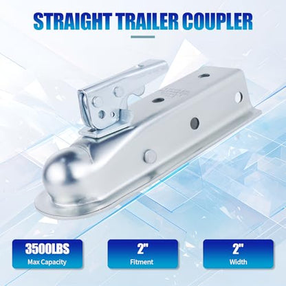 3500lb Straight Trailer Coupler for 2" Ball, 2" Channel | Compatible with 2" hitch balls and 2" channels. Zinc-plated steel build for 3,500 lbs towing capacity. - size: 2" Ball 2" Channel 3,500 lbs