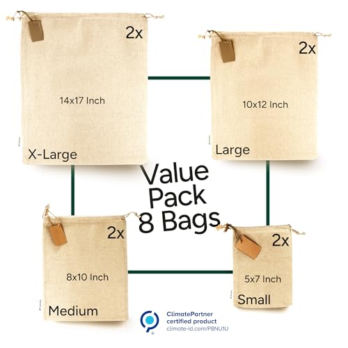 LEAFICO Muslin Cloth Bags with Drawstrings - Set of 8 (S, M, L, XL) - Reusable Natural Cotton Bags for Bulk Food Storage - Canvas Fabric Sachets - size: Set of 8 Mixed (S,M,L,XL)