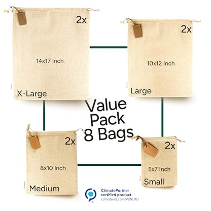 LEAFICO Muslin Cloth Bags with Drawstrings - Set of 8 (S, M, L, XL) - Reusable Natural Cotton Bags for Bulk Food Storage - Canvas Fabric Sachets - size: Set of 8 Mixed (S,M,L,XL)