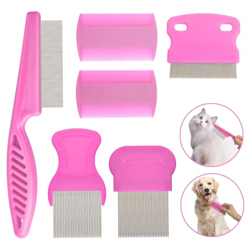 Flea Comb for Cats Dogs, 6 Pack Pet Lice Comb Set Pet Grooming Pets for Small, Medium & Large Pets（Pink）