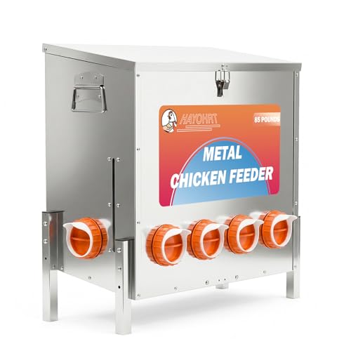 85 Pounds Automatic Chicken Feeder 6 Ports Large Gravity Fed Chicken Feeder with Adjustable Legs Perspective Window Latch & Handle for Chickens Bantams Pheasants - size: 6 Ports - 85-120 LBS with Legs