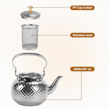 2L Hammered Tea Kettle Stovetop, Silver Tea Pot with Strainer for Stove - color: Silver-2L