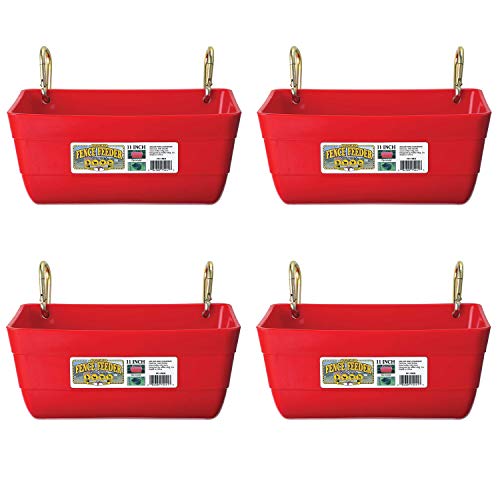 Little Giant FF11RED 4.5 Quart Heavy Duty Wall/Rail Mountable Feed Trough Bucket Fence Feeder, Red (4 Pack)
