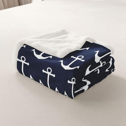 Feelyou Nautical Fuzzy Blanket Anchor Sherpa Throw Blanket Sea Adventure Fleece Throw Blanket Soft Warm Cozy Ocean Theme Plush Blanket Navy Blue 90"x90" - color: Blue White, size: 90" x 90"