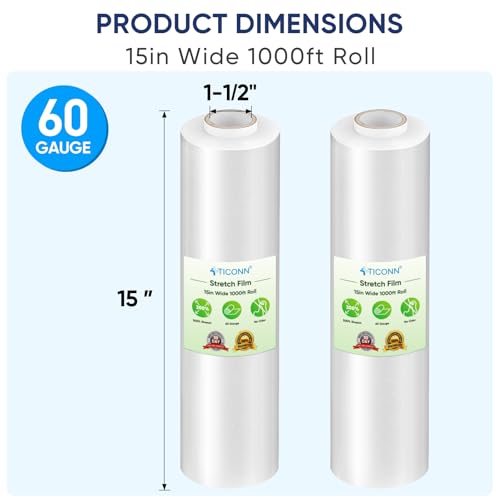 TICONN Stretch Wrap Roll, 15 in x 1000 ft Plastic Wrap for Moving Furniture | Odorless Industrial Strength Stretch Film, 300% Stretchability, Self-Adhering, Ideal for Furniture, Box Protection - style: 15''-1PK Clear (No handle)