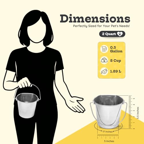 Flat Sided Stainless Steel Bucket 2 Quart Hanging Feeding Pail for Small Dogs Cats Birds, Fits Kennel Cages Compatible, Heavy Duty Food and Water Feeder, 0.5 Gallon Silver Buckets 2 Packs - size: 2 Quart (Pack of 2)