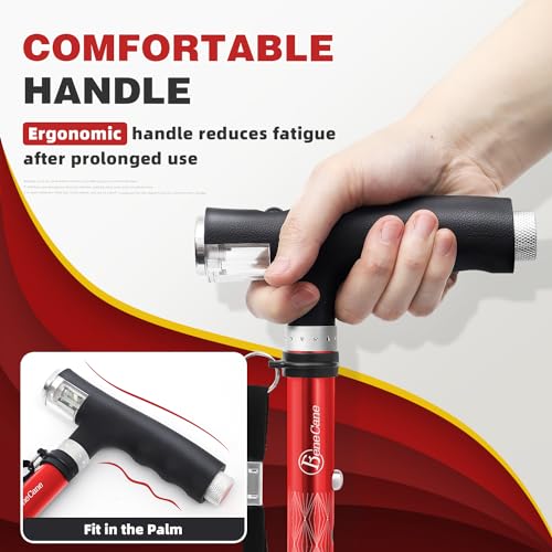 BeneCane Walking Cane for Women Folding Cane for Men with Two Led Lights Quad Cane with Stable Base Lightweight and Adjustable Walking Stick - color: Carved Red