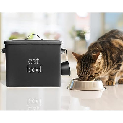 AuldHome Design Farmhouse Cat Food Container (Black) Enamel Look Rustic Cat Food Bin with Scoop