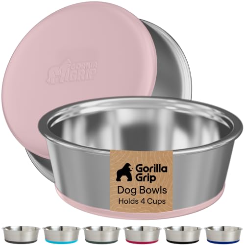 GORILLA GRIP Dog Bowls, Food Grade Stainless Steel, Set of 2, 4 Cup, Pink | 304 Stainless Steel Pet Feeding Bowls Hold 32 fl oz Each, Dishwasher Safe, Rust Resistant, BPA Free Rubber Base - color: Light Pink, size: 4 Cup (32 Oz)