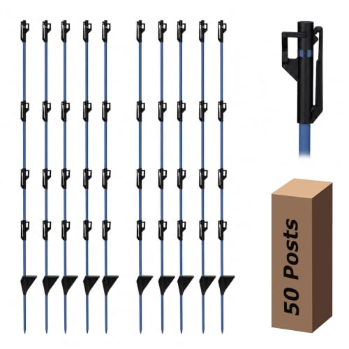 50 Pack 48 inch Fixed Insulator Fiberglass Electric Fence Posts Blue | Easy Step-in Posts for Livestock Fencing, Garden Fencing and Boundary Marking,Blue - color: Blue