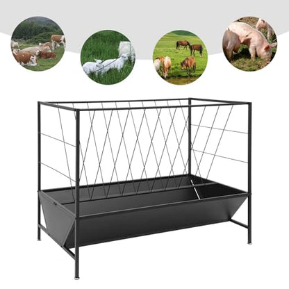 Pasture Hay Feeder 50 Gallon, Heavy Duty 2-in-1 Livestock Feeder, Hay Grain Feeding with 30 Gallon Feed Pan, Multiple Sided Pasture Hay Rack for Sheep Horses