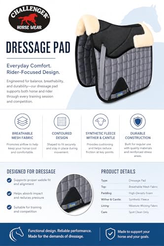 CHALLENGER Horse English Quilted Dressage Square Contoured Lightweight Trail Saddle Pad 72TS30 - color: Grey /Black, size: 25" Spine x 22" Drop