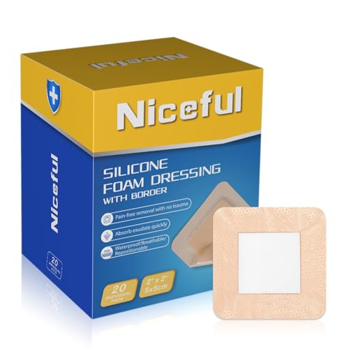 Niceful Silicone Foam Dressing Gentle Border 2"x2" 20 Count, Extra Hold | Gentle Border Foam Bandage, 5-Layer Absorption, Waterproof Pain-Free Removal, Cuts & Mild Burns, 20 Individually Wrapped - size: 2x2 Inch (20 Pcs)