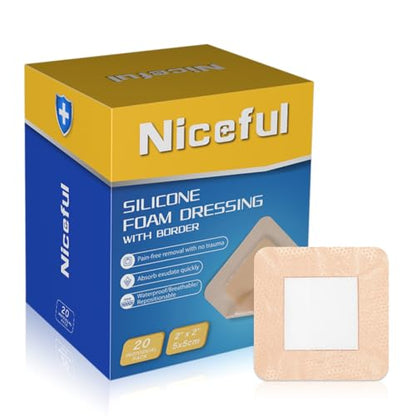 Niceful Silicone Foam Dressing Gentle Border 2"x2" 20 Count, Extra Hold | Gentle Border Foam Bandage, 5-Layer Absorption, Waterproof Pain-Free Removal, Cuts & Mild Burns, 20 Individually Wrapped - size: 2x2 Inch (20 Pcs)