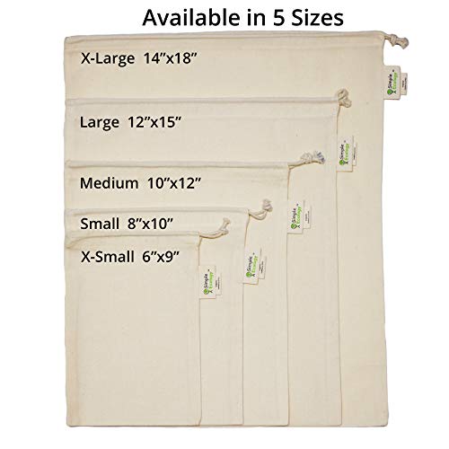 Simple Ecology Reusable Grocery Produce Shopping and Storage Bags, Organic Cotton Muslin, Set of 6 (2 ea. of L, M, S) - size: Set of 6 (2 ea. of L,M,S)