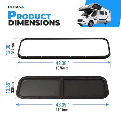 HECASA Universal 42" W X 12" H RV Window Horizontal Slide W/Trim Ring and Net Screen Side Window Tinted Tempered Glass Fit for Teardrop Cargo Trailer, Camper, Van, Truck - size: 42" W x 12" H