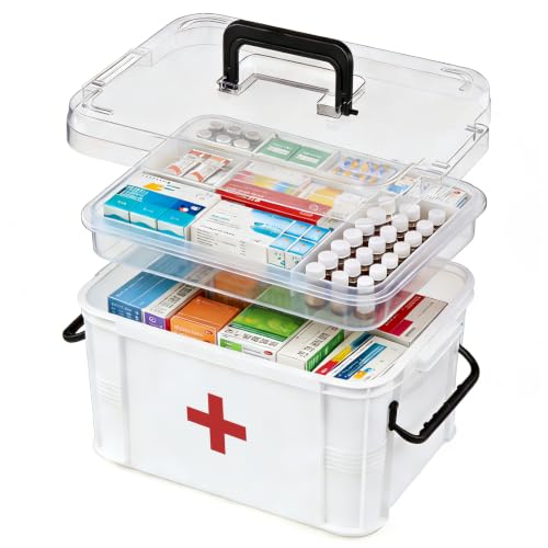 15QT Clear Medicine Organizer Box with Handle, Plastic Medicine Container with Tray First Aid Box Empty, Thickened Medicine Storage Organizer Multipurpose Medication Organizer Storage, White - color: White