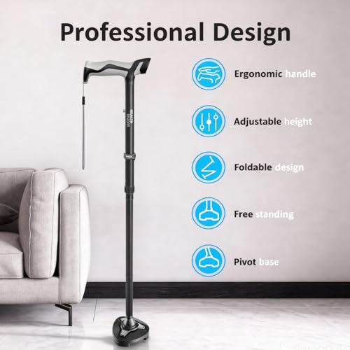 HEALTHBAZAAR Walking Cane for Men & Women with LED Light - Self Standing Pivot Cane, Adjustable, Lightweight, Folding Walking Sticks for Seniors & Adults with Wrist Strap, Travel Bag