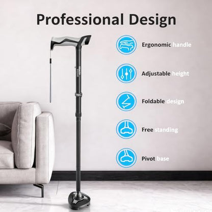 HEALTHBAZAAR Walking Cane for Men & Women with LED Light - Self Standing Pivot Cane, Adjustable, Lightweight, Folding Walking Sticks for Seniors & Adults with Wrist Strap, Travel Bag