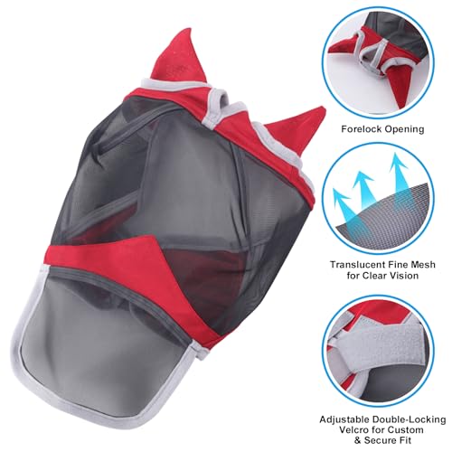 Horse Fly Mask with Ears & Long Nose, Fine Mesh Red Full - color: Red, size: Full
