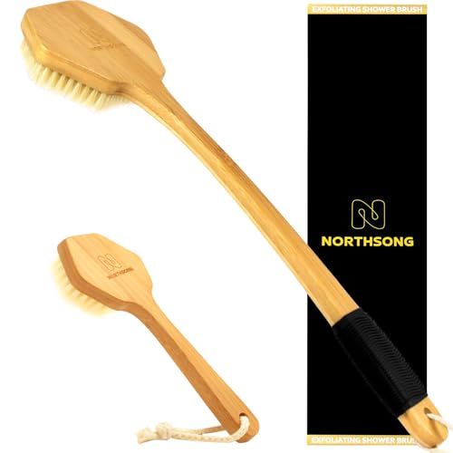 NORTHSONG Body Brush+Face Brush,Deep Cleaning Exfoliating Set,Gift Ready | Body brush,Large Head Bath Brush,17.72"Extra-Long,Curved Bamboo Handle,100% Boar Bristles,ideal for Elderly,Shoulder Pain - size: 17.72 Inch back brush+face brush-2Packs