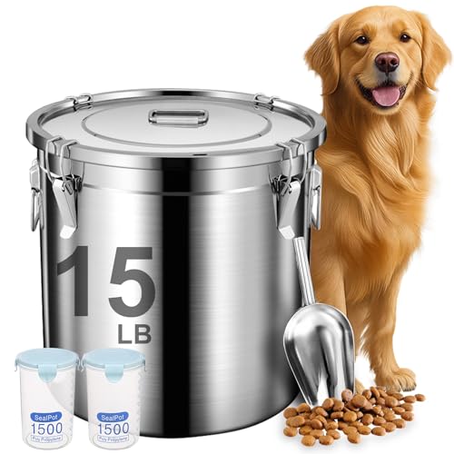 Newget 15lb Airtight Stainless Steel Dog Food Storage Container with Scoop - size: 15 lb