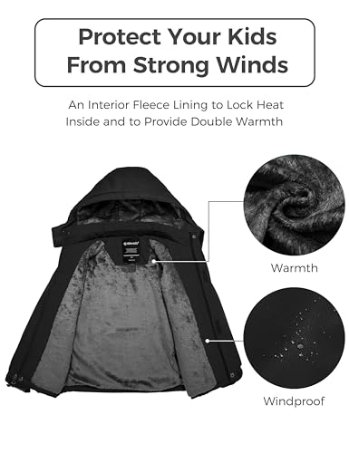 Wantdo Boy's Waterproof Ski Jacket Fleece Snowboarding Jackets Warm Thick Winter Coat Hooded Raincoats - color: Black, size: 6-7