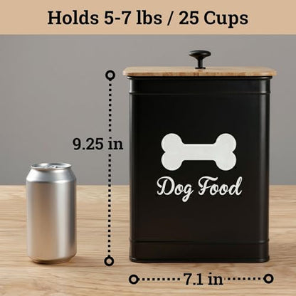 Metal Dog Food Container 5-7lb, 25 Cup w/ Airtight Bamboo Lid, Metal Handle - color: Black: Bone