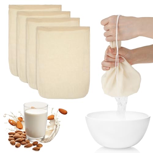WLLHYF 4 Pack Nylon Nut Milk Bag 12 × 8 Inches Fine Mesh Cheese Cloth Multiple Usage Reusable Food Strainer Professional Cold Brew Filter for Straining Juice Coffee Yogurt Tea (Cotton, 12×8 In) | Multiple Usage, Reusable Food Strainer, Professional Cold B