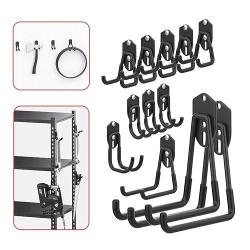 WALMANN Garage Storage Hooks, Wall Mount Utility Hooks for Tools, Black | Wall hooks for Ladders, Cords, Folding Chairs, Shovels and Rakes, Shelving Hooks for Keyhole Shelving Units - style: Black Hook