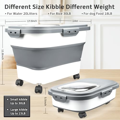 Komzon Rice Storage Containers, Collapsible 20 to 30Lbs Food Storage Bin Dispenser with Rolling Wheel and Clear Airtight Lid, BPA Free Flour, Sugar, Cereal and Dog Cat Pet food Containers - color: White