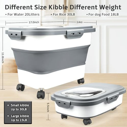Komzon Rice Storage Containers, Collapsible 20 to 30Lbs Food Storage Bin Dispenser with Rolling Wheel and Clear Airtight Lid, BPA Free Flour, Sugar, Cereal and Dog Cat Pet food Containers - color: White