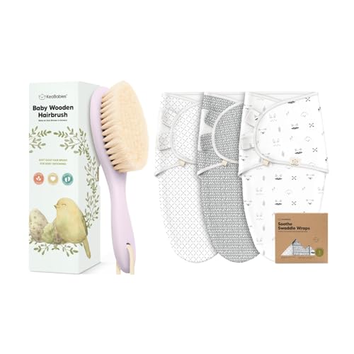 KeaBabies Baby Hair Brush and 3-Pack Baby Swaddle Sleep Sacks - Wooden Brush with Soft Goat Bristles, Newborn Swaddle Sack, Cradle Cap Softener