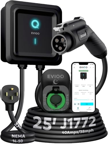 EVIQO Level 2 EV Charger J1772 40A NEMA 14-50 - 240V Wall Charging Station | Plug in, up to 40 mph, 25ft Cable, WiFi (2.4GHz), Smart App, Weatherproof Indoor/Outdoor (IP66, NEMA 4), UL & ETL Certified - size: 40