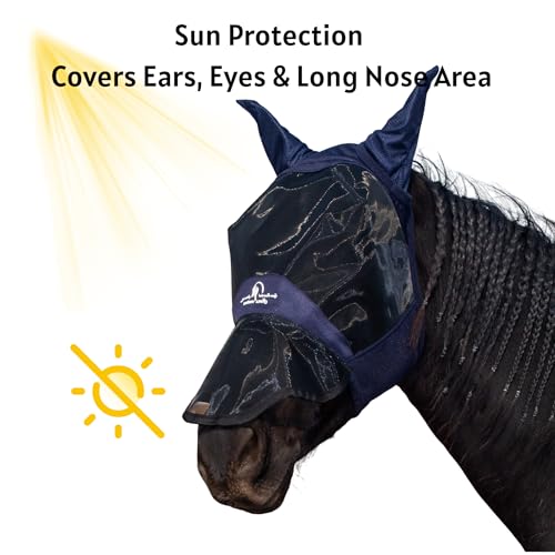 Horse Fly Mask with Ears and Extended Nose, Large Eye Space for Comfort, UV Protective Mesh Horse Mask with Shaped Nose and Upgraded Hook and Loop Fastener (Dark Navy Blue, Cob (Medium)) - size: Cob (Medium)