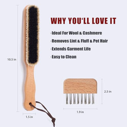 Lint Brushes for Clothes, 100% Natural Boar Bristle Clothes Brush for Cashmere & Wool, Cashmere Comb & Sweater Comb, Removes Fibres & Pet Hair, with Hanging Hole & Straps, Includes Cleaning Comb