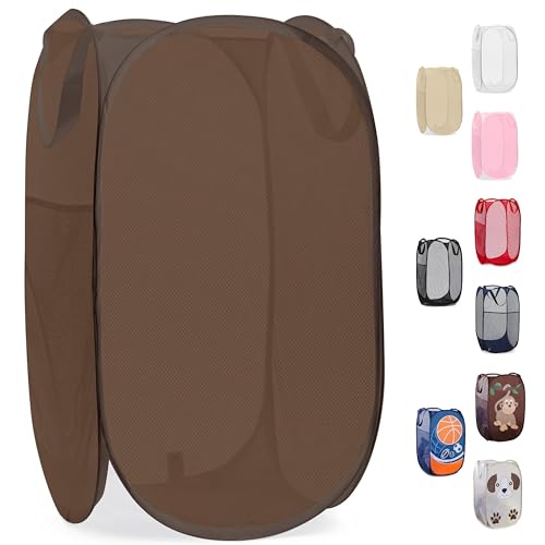 Handy Laundry Collapsible Mesh Pop Up Laundry Hamper with Side Pocket - color: Brown, 1-PACK