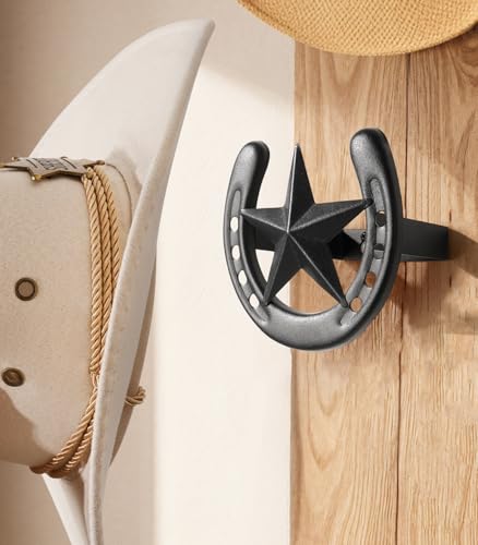 Cowboy Hat Rack for Wall, 6 Pack Iron Horseshoe Star Hooks, Black - color: Black