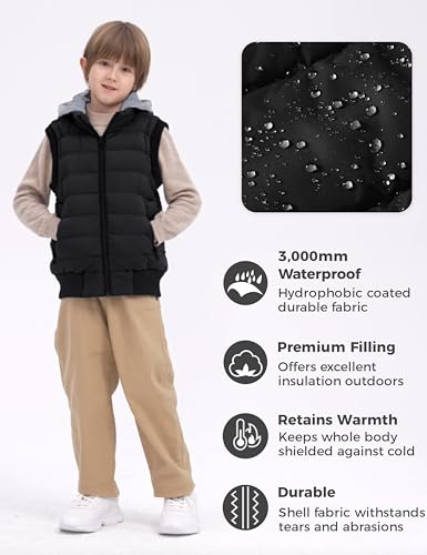 wantdo Boys' Puffer Vest Waterproof Sleeveless Winter Coat with Zip Pockets - color: Black, size: 14-16