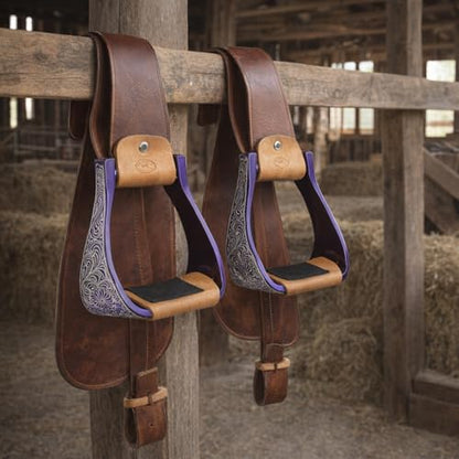 CHALLENGER Horse Western 5" Wide Purple Engraved Aluminum Rubber Tread Show Stirrups 5176PR