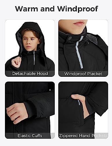 wantdo Boys Puffy Winter Coats Fleece-Lined Snow Jackets Removable Hood | Elastic Cuffs, Hook-and-Loop Collar, Windproof, Machine Washable - color: Black, size: 8-9