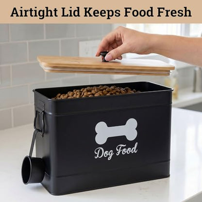 Metal Dog Food Container 15-20 lbs w/ Airtight Bamboo Lid, 70 Cup Capacity - color: Black